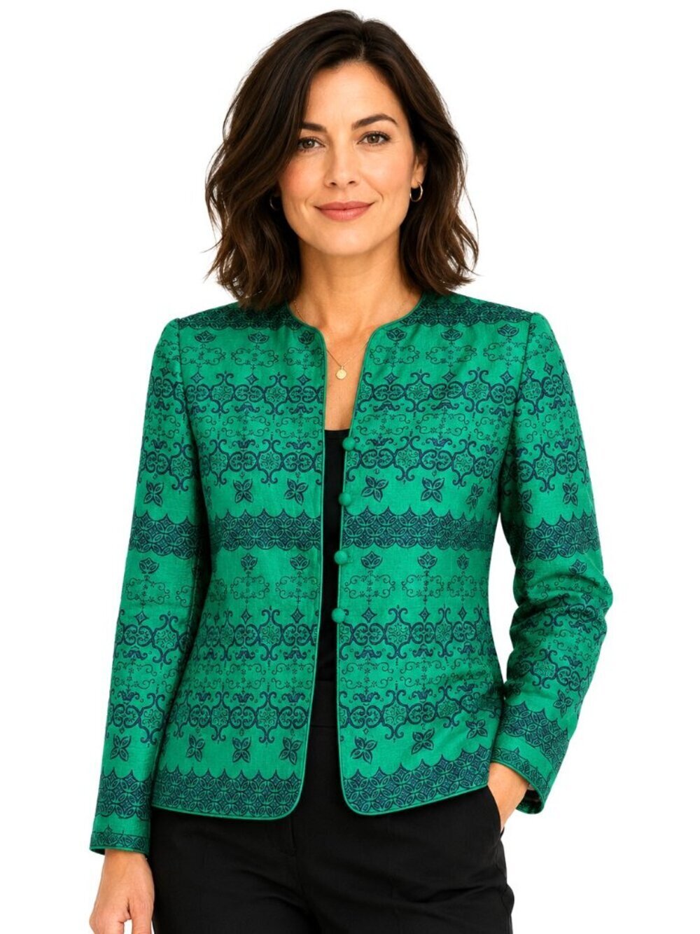 Vintage Adrianna Papell Green Blue Print Silk Jacket